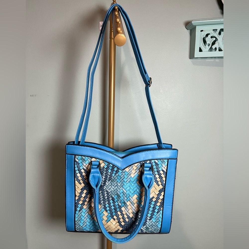Blue and Cream Woven Graphic Tote Bag Purse